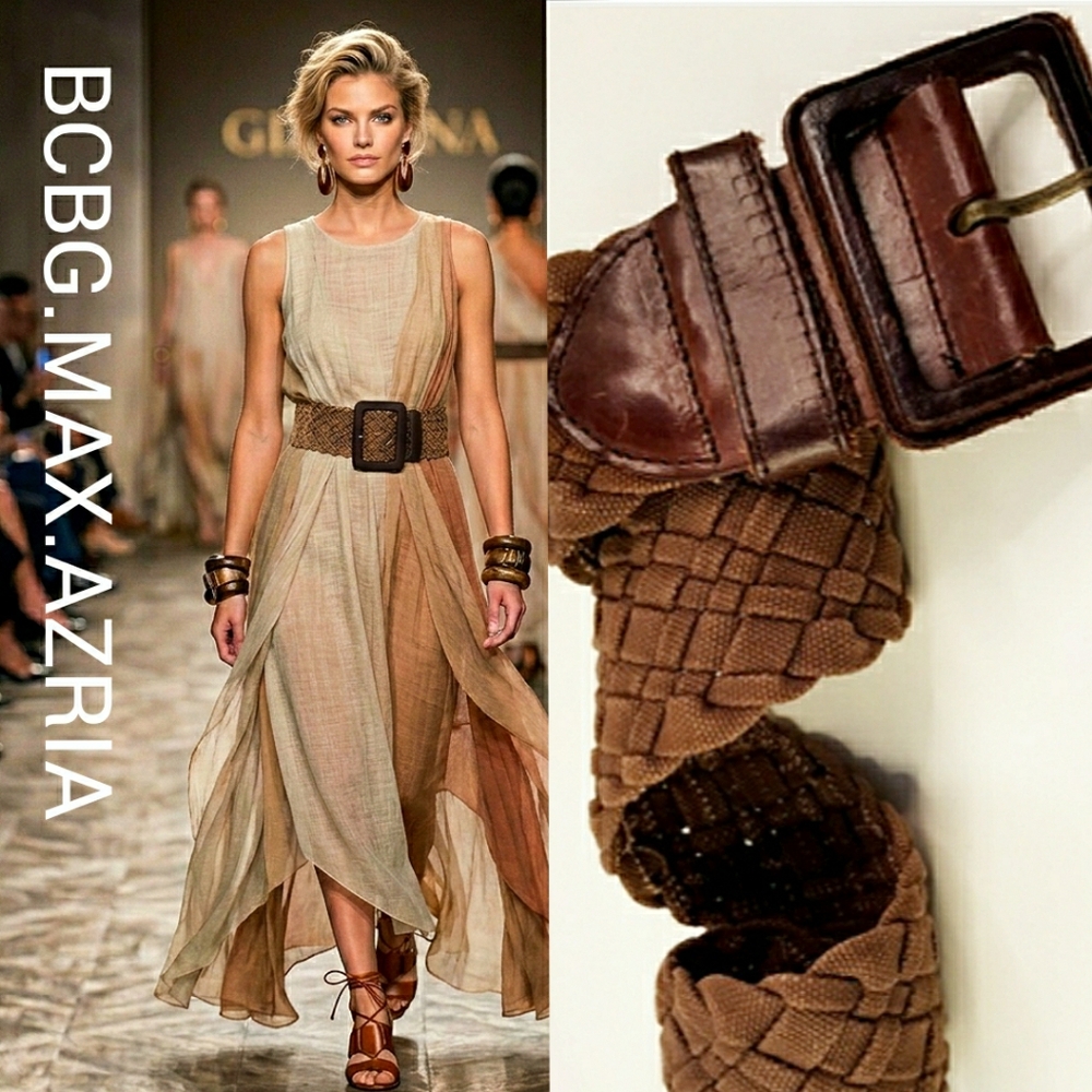 🔻90's-Y2K BCBGMaxAzria🌾Brown Cotton Woven Leather Buckle Belt|High Waist